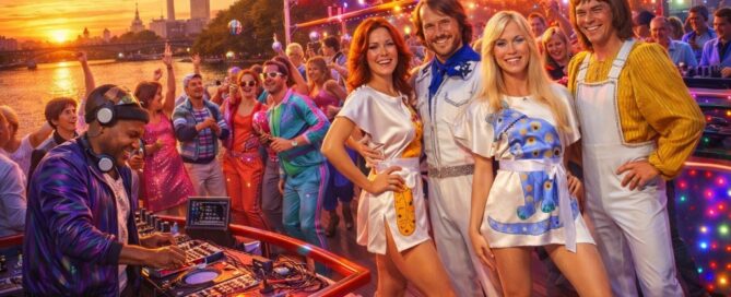 80er Jahre Sommerparty auf dem Event-Schiff Kreuz As in Berlin Spree mit DJ und Tanzenden. KI-Foto