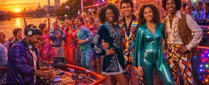 80er Jahre Sommerparty auf dem Event-Schiff Kreuz As in Berlin Spree mit DJ und Tanzenden. KI-Foto