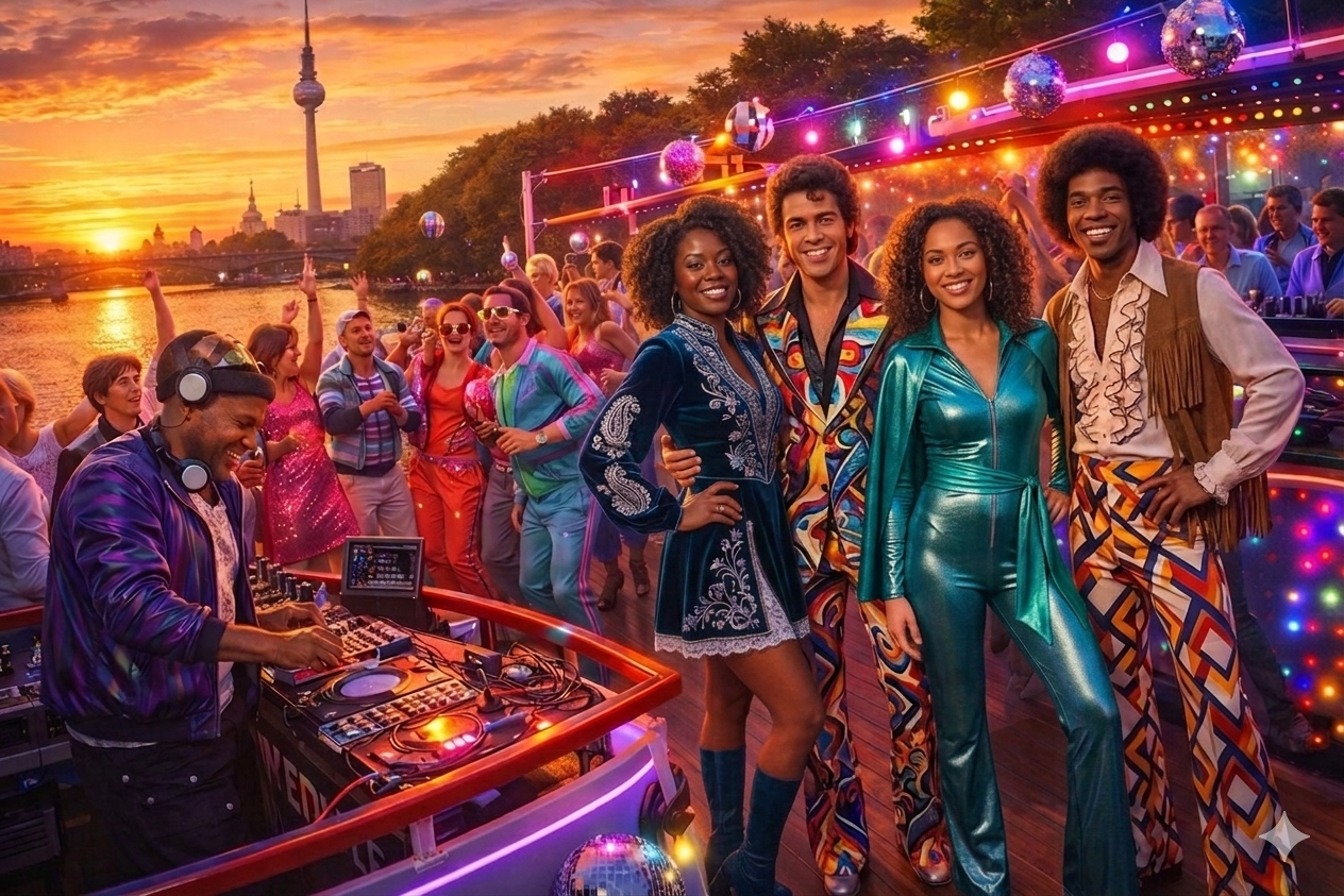 80er Jahre Sommerparty auf dem Event-Schiff Kreuz As in Berlin Spree mit DJ und Tanzenden. KI-Foto